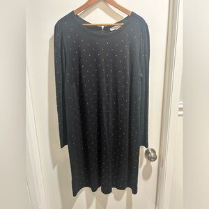 Black shift dress with gold metal polka dots